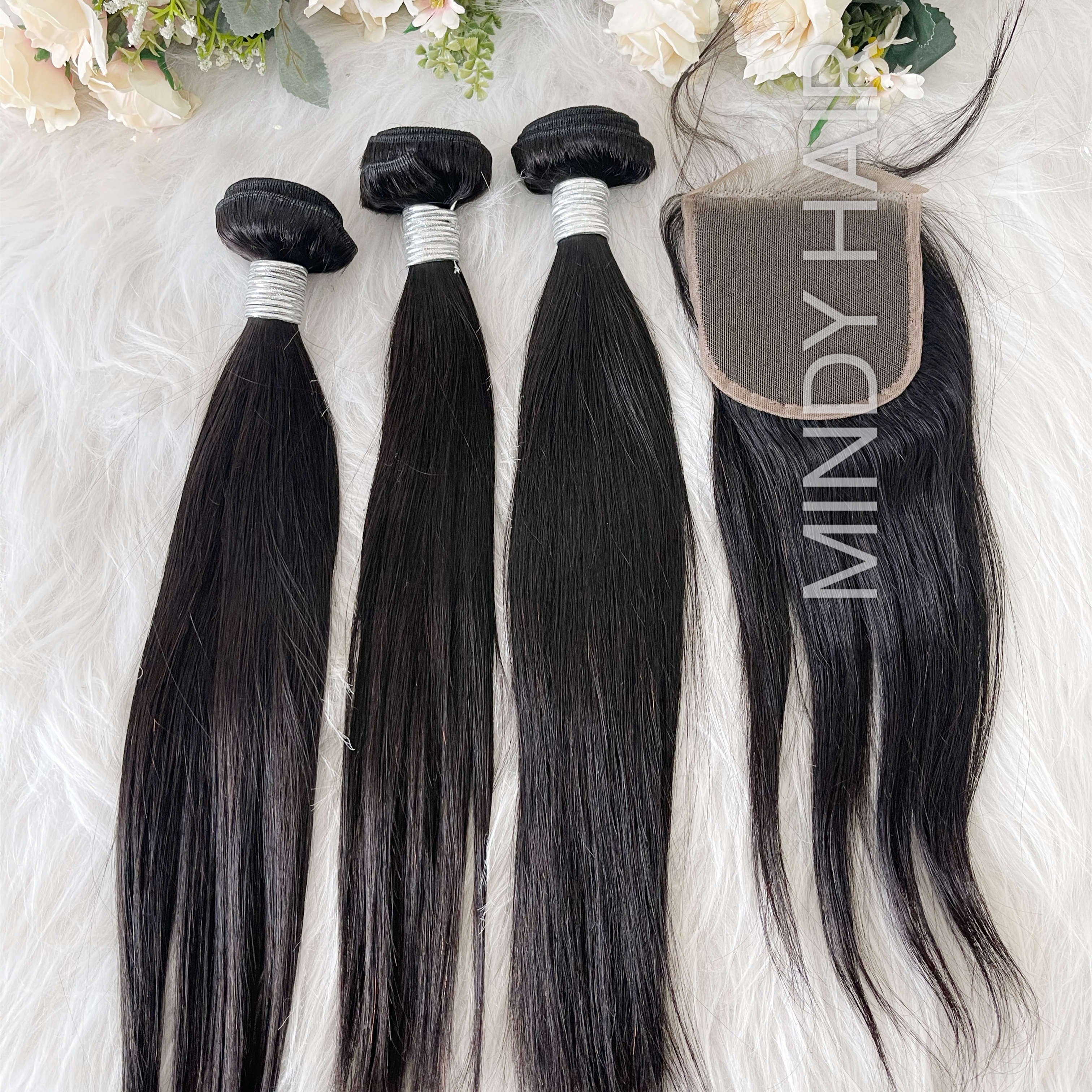 Mindy luxury hair 10A virgin Hair Straight Bundles with 4x4 Closure