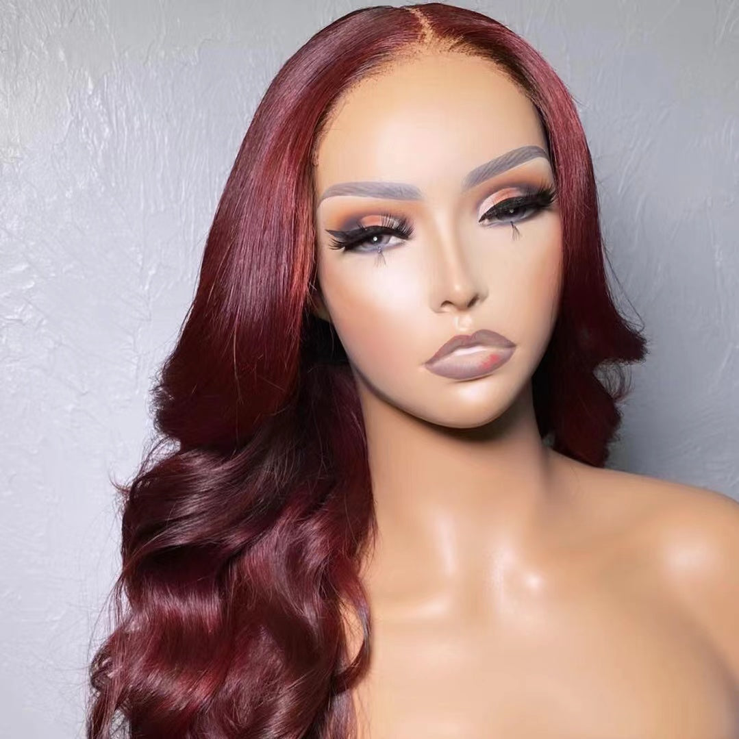 Mindy luxury hair Colored 99j burgandy Body wave 13x4 transparent lace frontal wig
