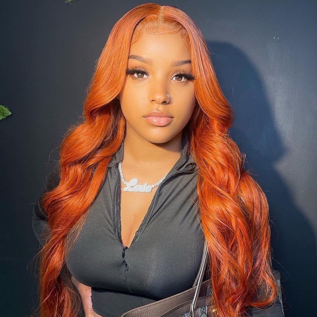 Mindy luxury hair Orange Body wave 13x4 transparent lace frontal wig