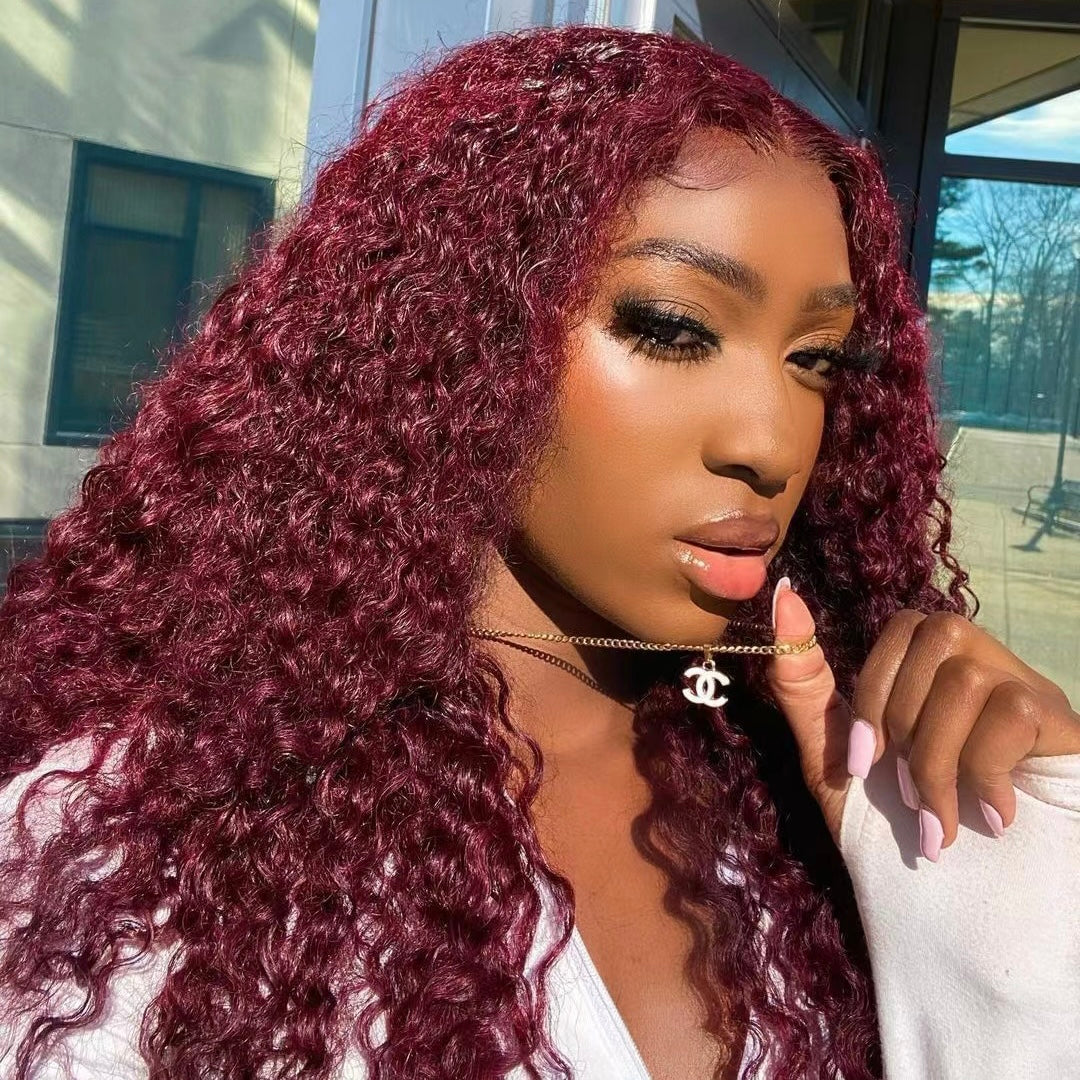 Mindy luxury hair 99j curly wave 13x4 transparent lace frontal wig