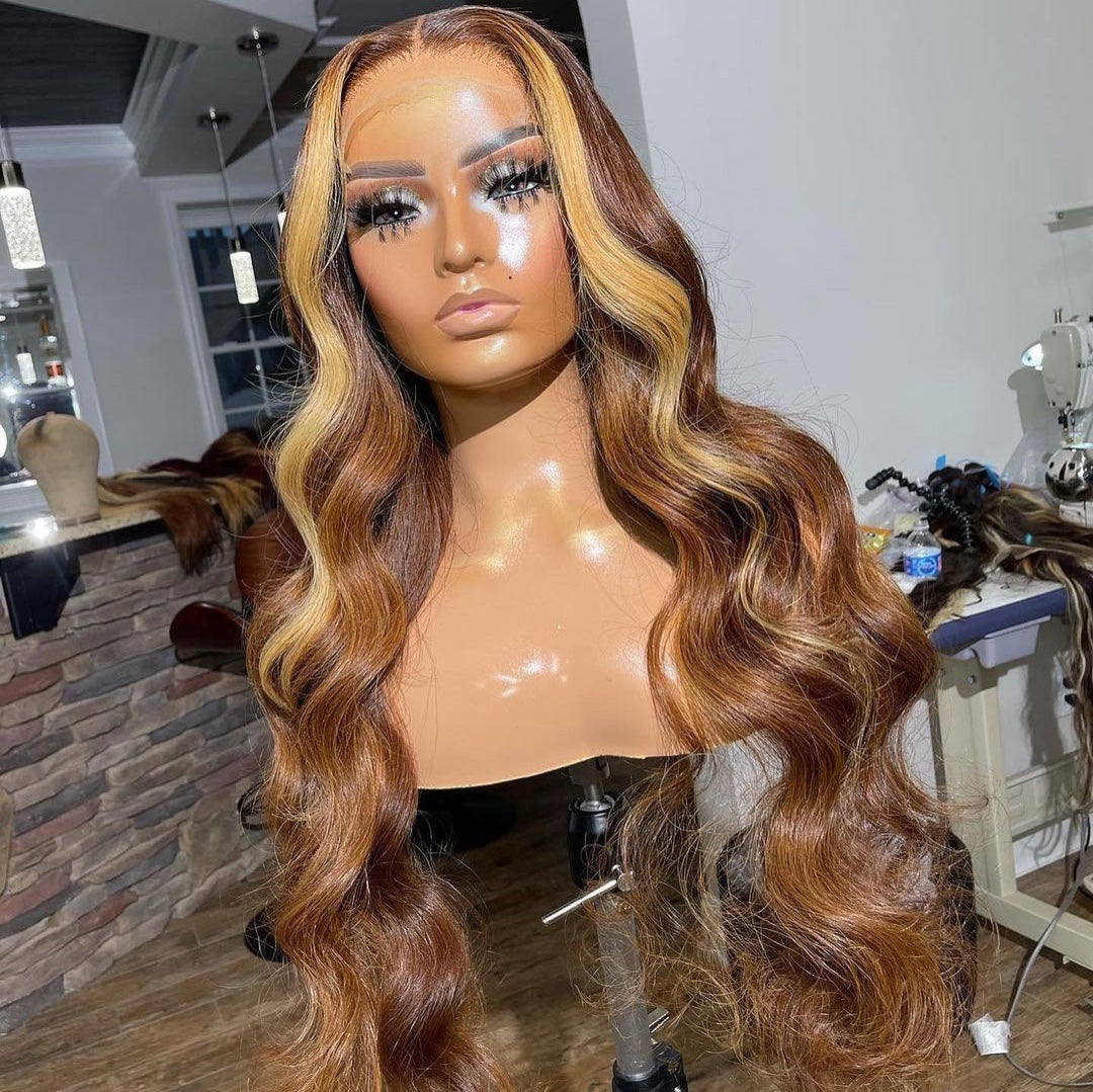 Mindy luxury hair Ombré colored #4/27 13x4 transparent lace frontal wig