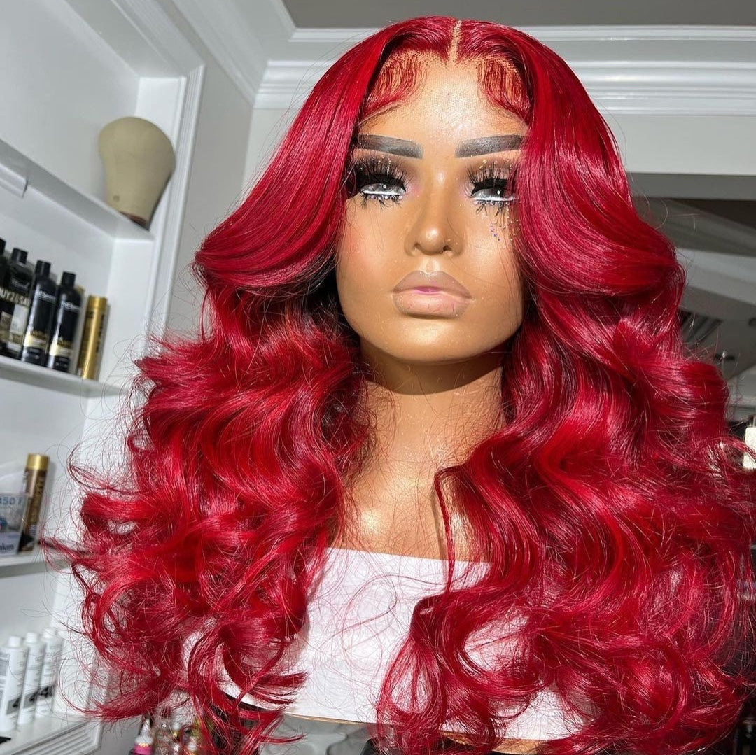 Mindy luxury hair Colored red color 13x4 transparent lace frontal wig