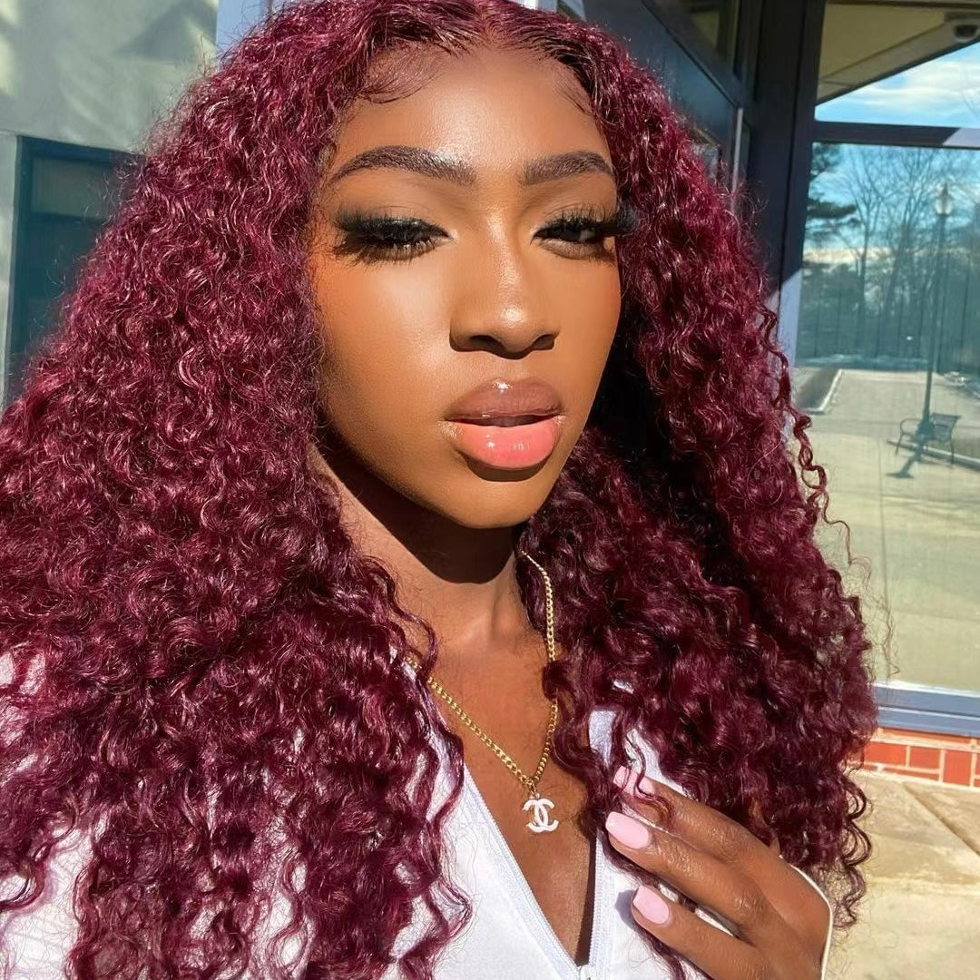 Mindy luxury hair 99j curly wave 13x4 transparent lace frontal wig